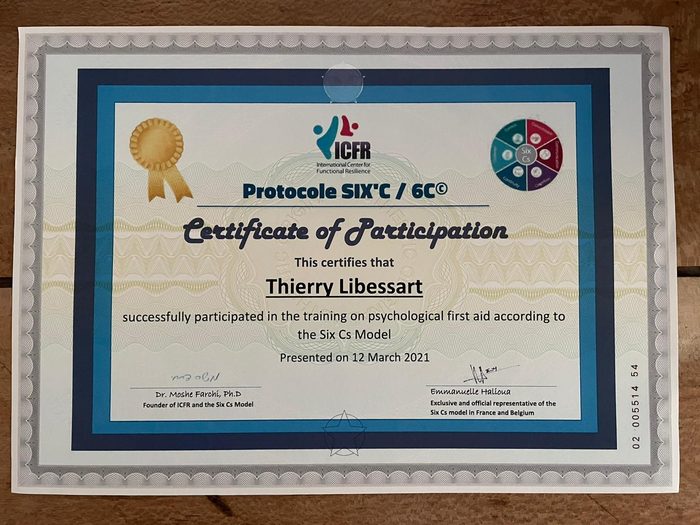 Certificat de participation au protocole Six'C, premiers secours psychologiques, ICFR